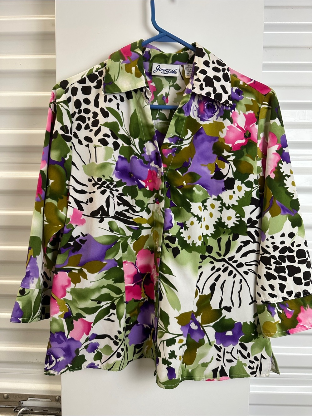 Joanna Floral Satin Button-Front Blouse in Purple, Pink & Green